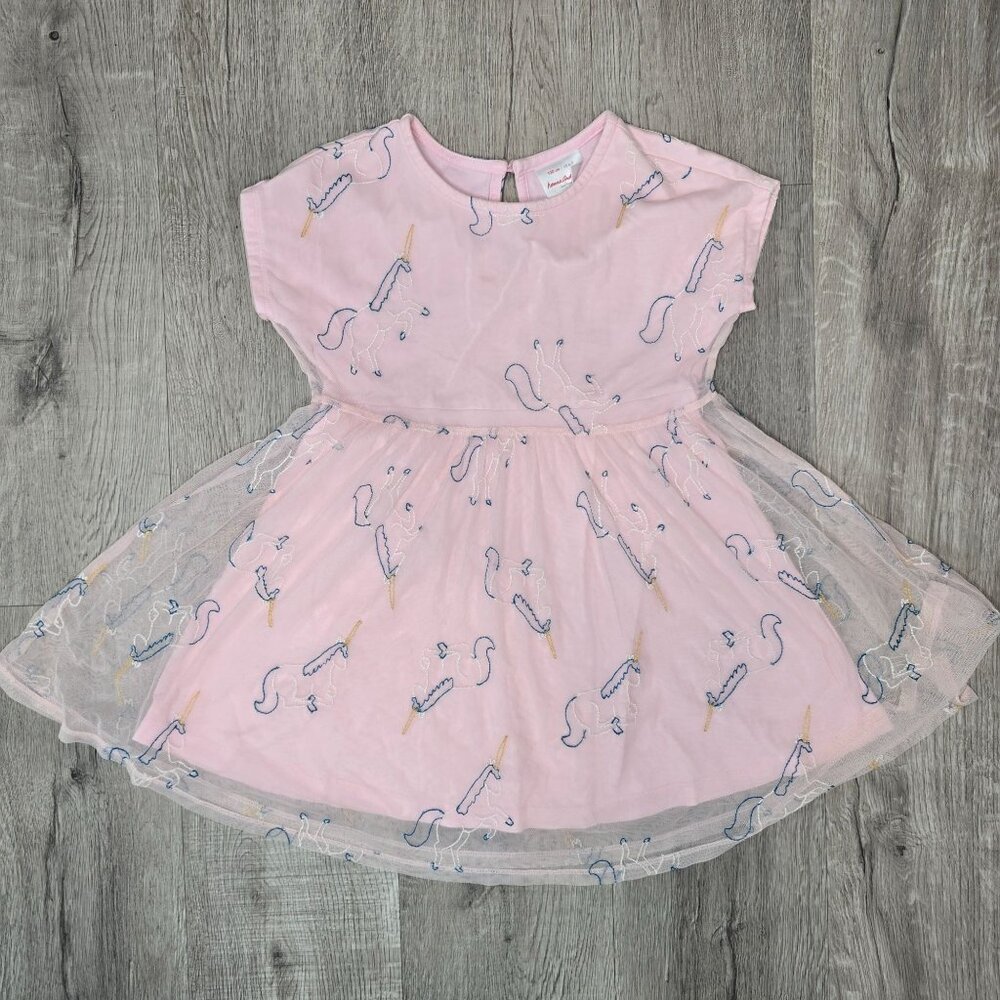 Pink Hanna Andersson Girls Unicorn Embroidered Dress W/ Sheer Overlay Size 6-7